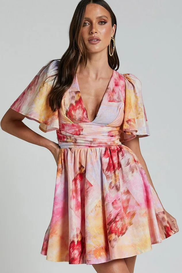 Amalie The Label 8211 Chamika Linen Blend Plunge Open Tie Back Mini Dress In Marsielle Print Women Showpo Dresses