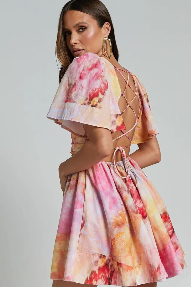 Amalie The Label 8211 Chamika Linen Blend Plunge Open Tie Back Mini Dress In Marsielle Print Women Showpo Dresses