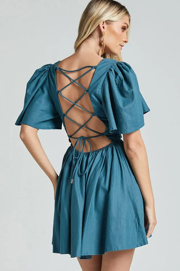 Amalie The Label 8211 Chamika Linen Blend Plunge Open Tie Back Mini Dress In Teal Women Showpo Dresses