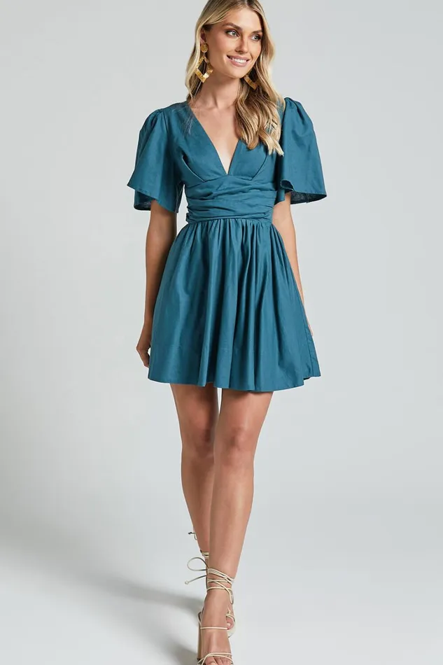 Amalie The Label 8211 Chamika Linen Blend Plunge Open Tie Back Mini Dress In Teal Women Showpo Dresses