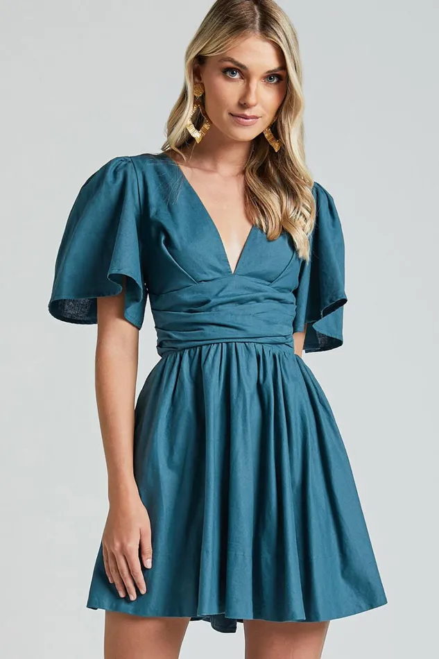 Amalie The Label 8211 Chamika Linen Blend Plunge Open Tie Back Mini Dress In Teal Women Showpo Dresses