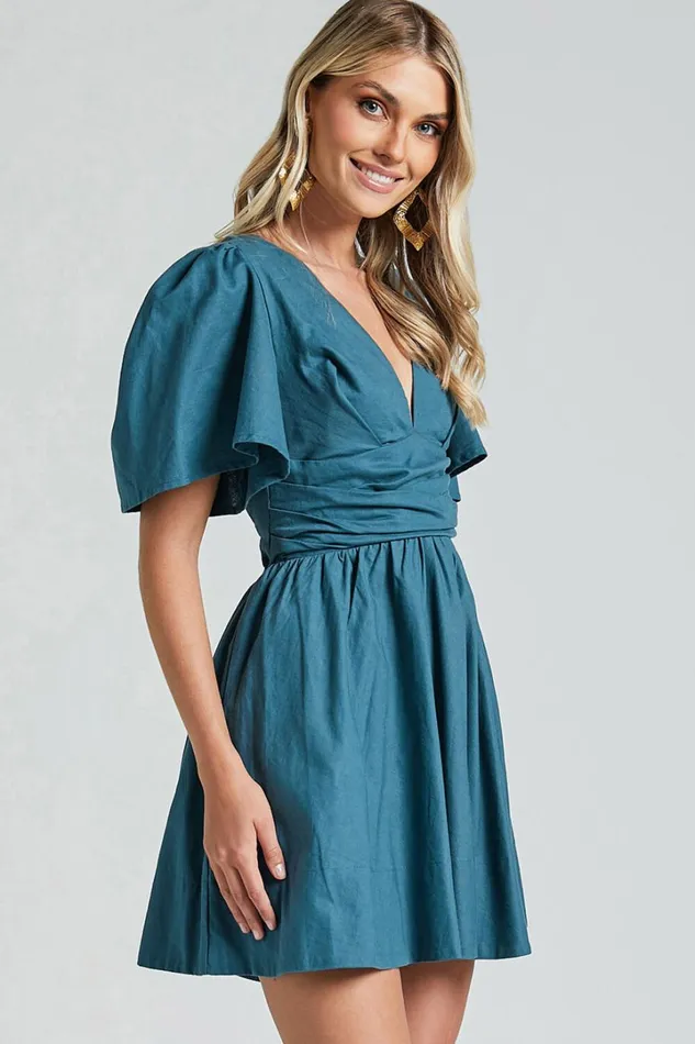 Amalie The Label 8211 Chamika Linen Blend Plunge Open Tie Back Mini Dress In Teal Women Showpo Dresses
