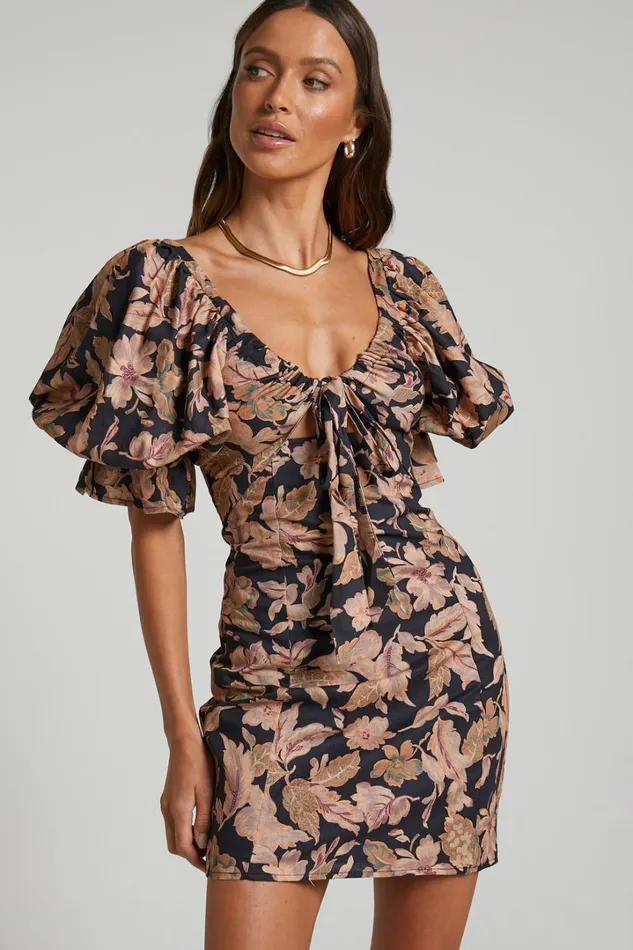 Amalie The Label 8211 Dessie Linen Blend Tie Front Open Back Puff Sleeve Mini Dress In Kora Print Women Showpo Dresses