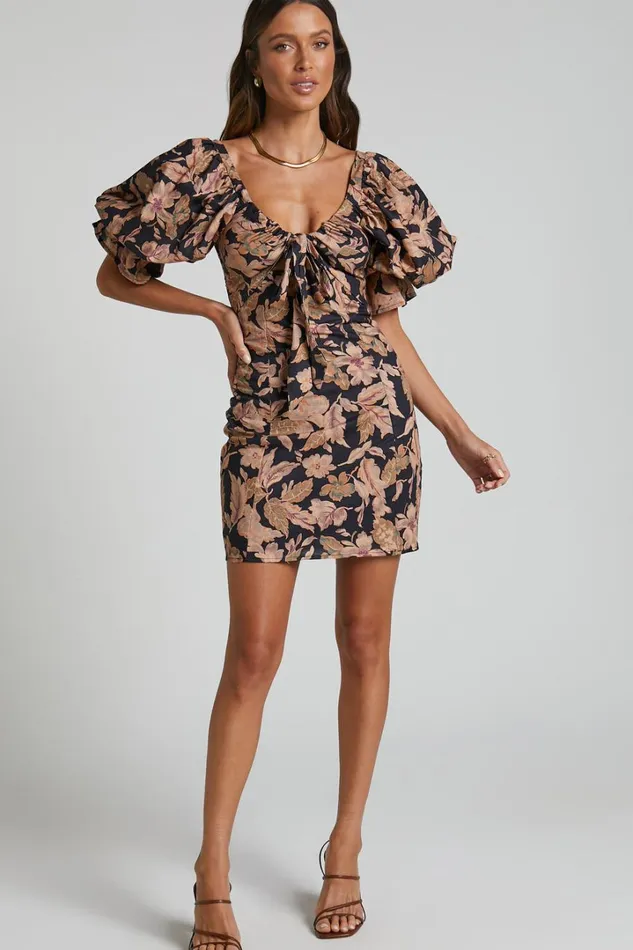 Amalie The Label 8211 Dessie Linen Blend Tie Front Open Back Puff Sleeve Mini Dress In Kora Print Women Showpo Dresses