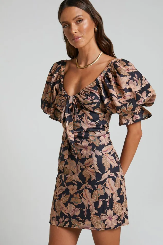 Amalie The Label 8211 Dessie Linen Blend Tie Front Open Back Puff Sleeve Mini Dress In Kora Print Women Showpo Dresses