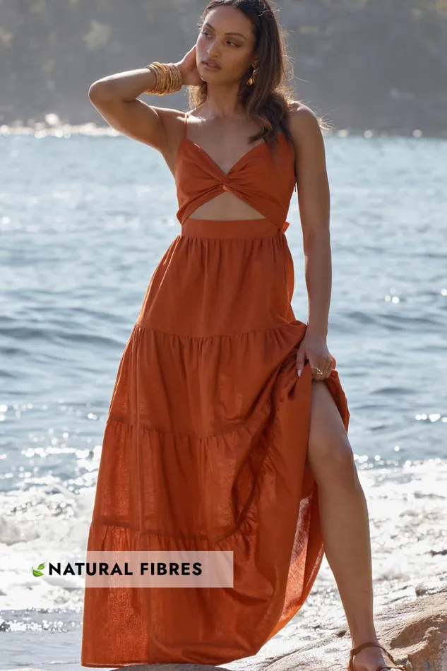 Amalie The Label 8211 Emerita Linen Blend Sweetheart Twist Front Tie Back Midi Dress In Burnt Sienna Women Showpo Dresses