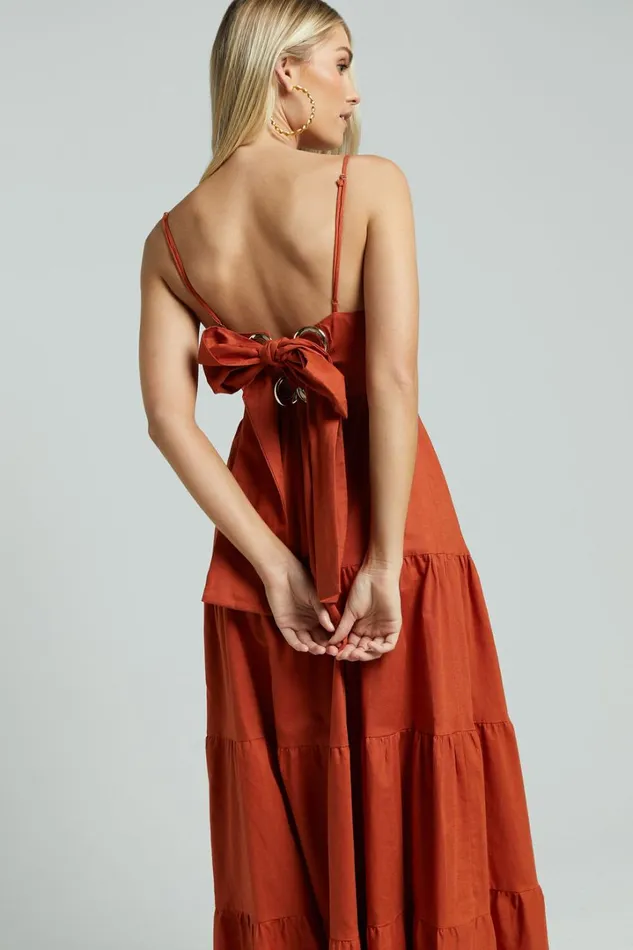 Amalie The Label 8211 Emerita Linen Blend Sweetheart Twist Front Tie Back Midi Dress In Burnt Sienna Women Showpo Dresses
