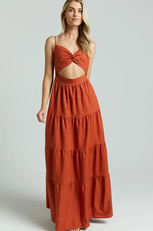 Amalie The Label 8211 Emerita Linen Blend Sweetheart Twist Front Tie Back Midi Dress In Burnt Sienna Women Showpo Dresses