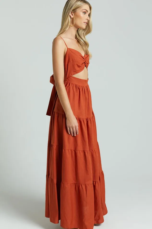 Amalie The Label 8211 Emerita Linen Blend Sweetheart Twist Front Tie Back Midi Dress In Burnt Sienna Women Showpo Dresses