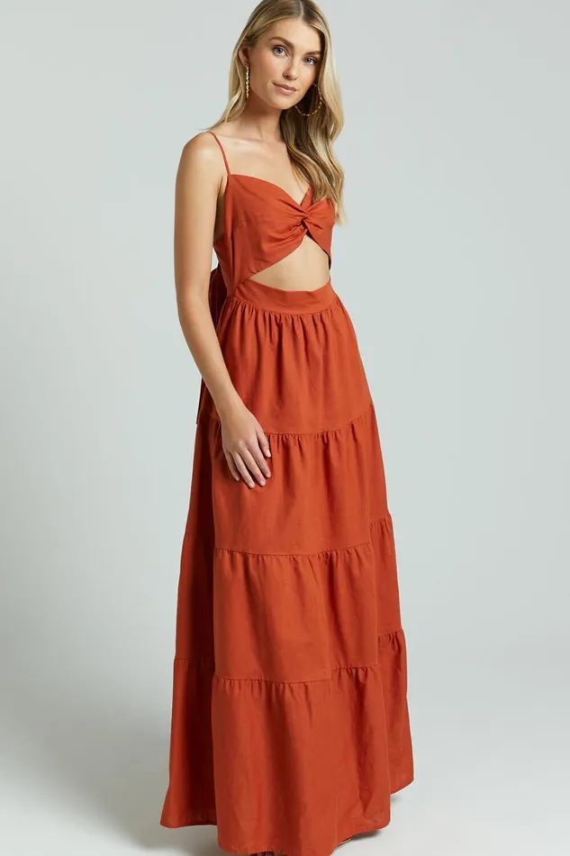 Amalie The Label 8211 Emerita Linen Blend Sweetheart Twist Front Tie Back Midi Dress In Burnt Sienna Women Showpo Dresses