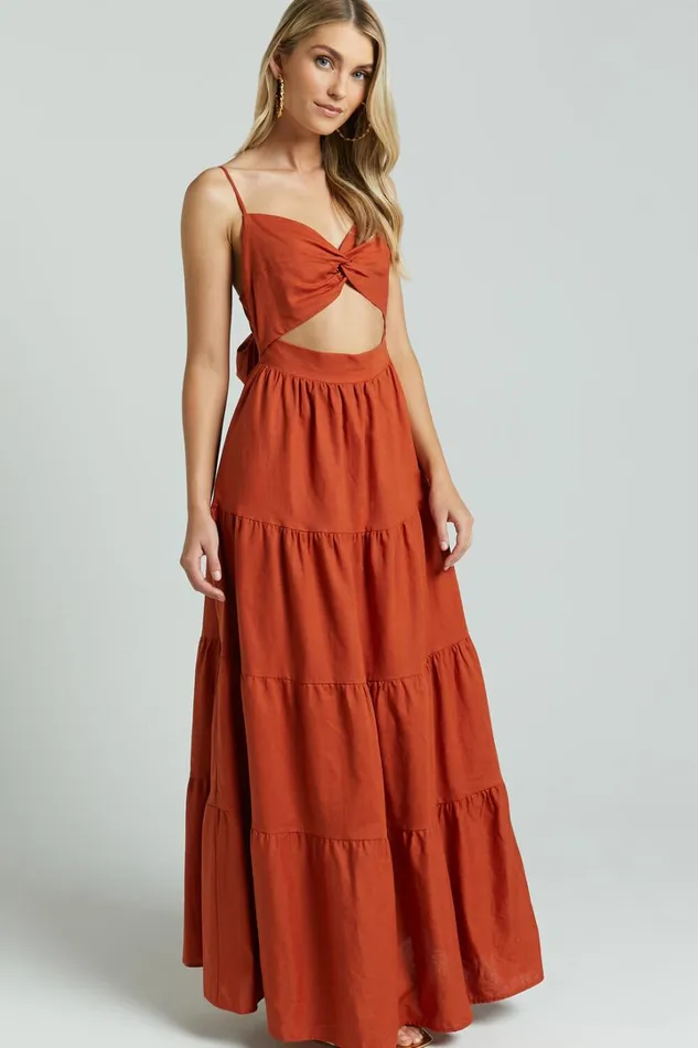 Amalie The Label 8211 Emerita Linen Blend Sweetheart Twist Front Tie Back Midi Dress In Burnt Sienna Women Showpo Dresses