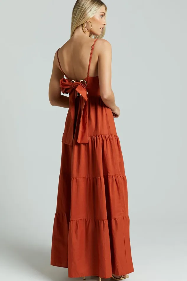 Amalie The Label 8211 Emerita Linen Blend Sweetheart Twist Front Tie Back Midi Dress In Burnt Sienna Women Showpo Dresses