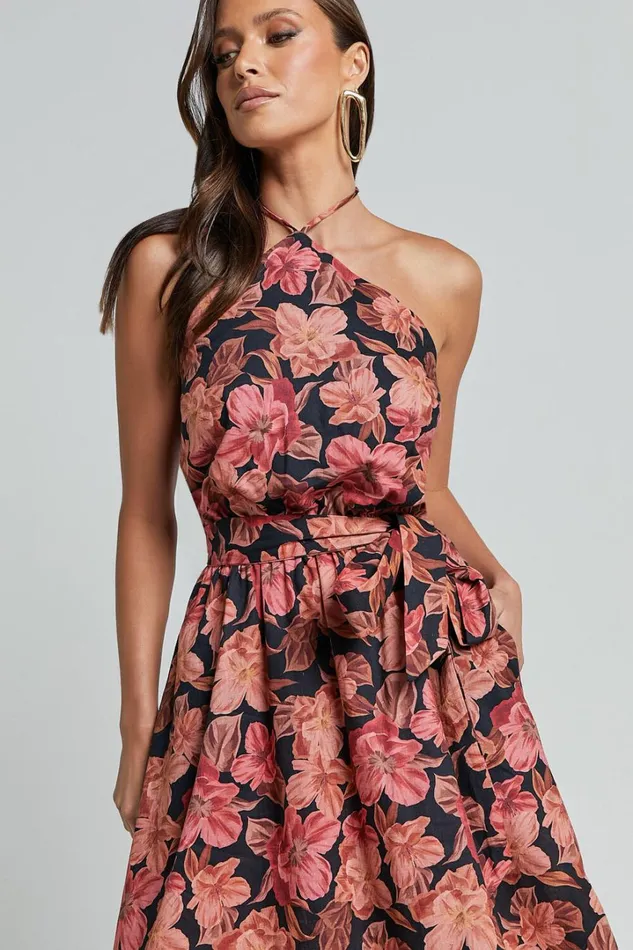 Amalie The Label 8211 Evangeline Linen Blend Halter Neck Maxi Dress In Atalie Print Women Showpo Dresses