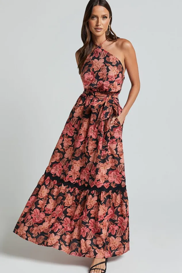 Amalie The Label 8211 Evangeline Linen Blend Halter Neck Maxi Dress In Atalie Print Women Showpo Dresses