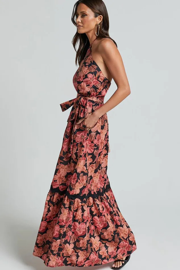 Amalie The Label 8211 Evangeline Linen Blend Halter Neck Maxi Dress In Atalie Print Women Showpo Dresses