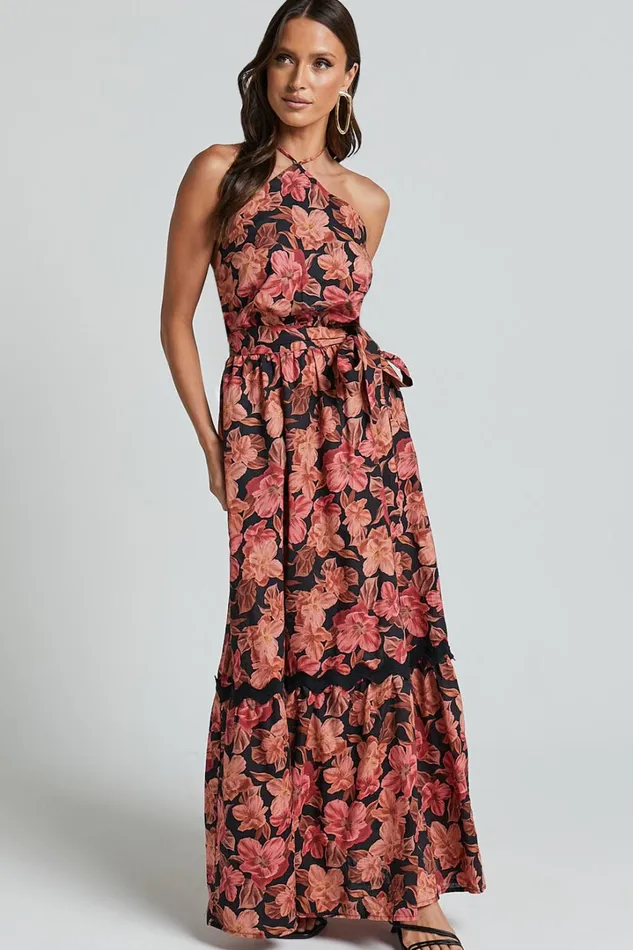 Amalie The Label 8211 Evangeline Linen Blend Halter Neck Maxi Dress In Atalie Print Women Showpo Dresses