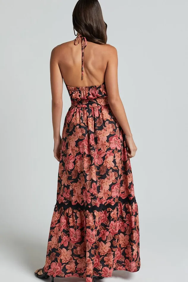 Amalie The Label 8211 Evangeline Linen Blend Halter Neck Maxi Dress In Atalie Print Women Showpo Dresses