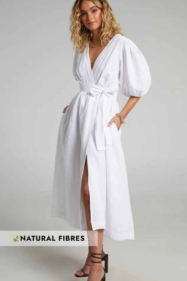 Amalie The Label 8211 Franc Linen Puff Sleeve Wrap Midi Dress In White Women Showpo Modest Clothing Amalie The Label 8211 Franc Linen Puff Sleeve Wrap Midi Dress In White Women Showpo Modest Clothing