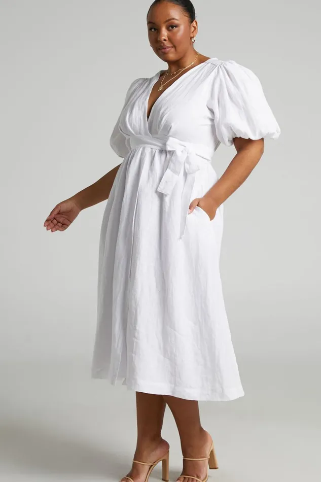 Amalie The Label 8211 Franc Linen Puff Sleeve Wrap Midi Dress In White Women Showpo Modest Clothing
