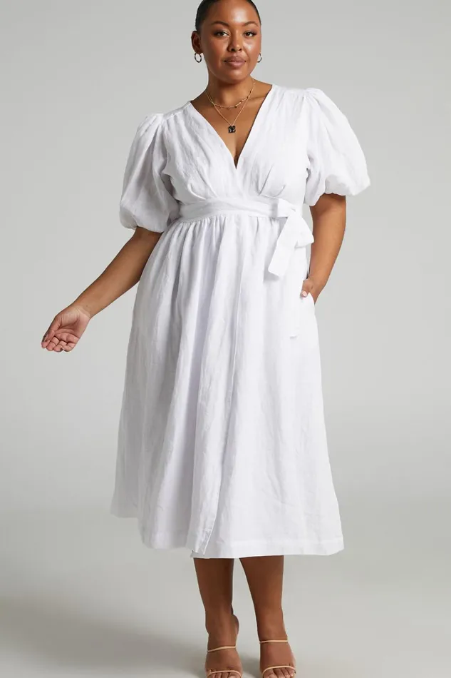 Amalie The Label 8211 Franc Linen Puff Sleeve Wrap Midi Dress In White Women Showpo Modest Clothing
