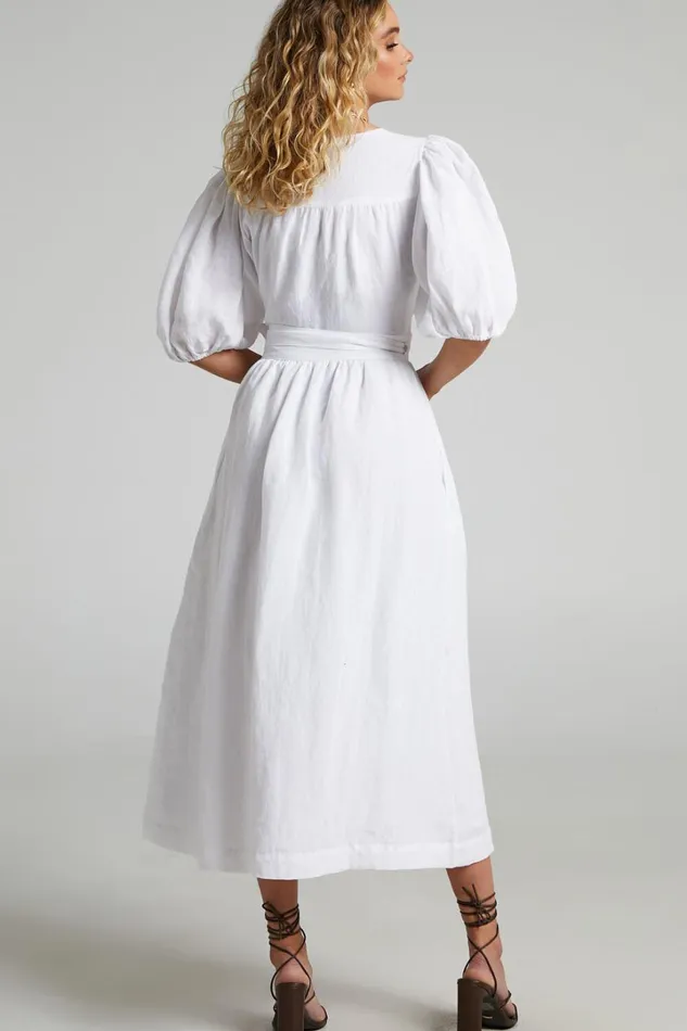 Amalie The Label 8211 Franc Linen Puff Sleeve Wrap Midi Dress In White Women Showpo Modest Clothing