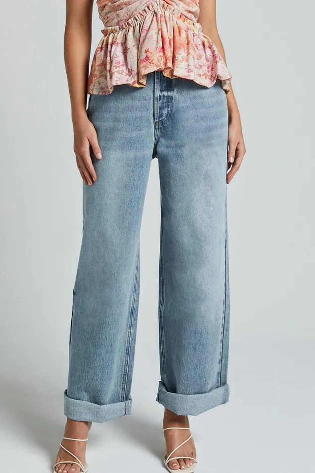 Amalie The Label 8211 Herrera Mid Rise Wide Leg Denim Jeans In Mid Blue Wash Women Showpo Jeans