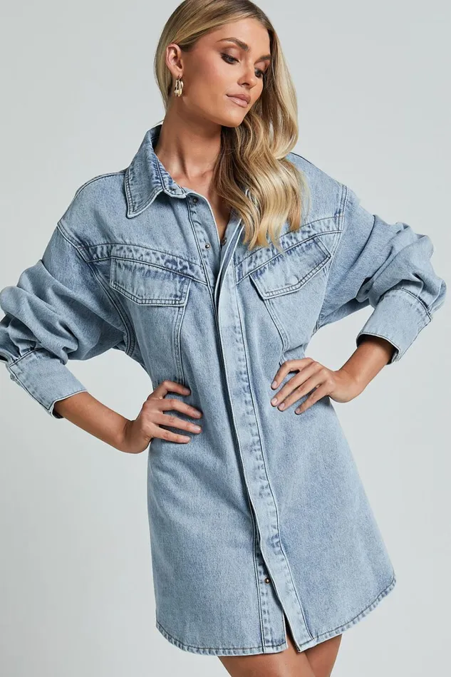 Amalie The Label 8211 Herrera Recycled Cotton Denim Dress In Mid Blue Wash Women Showpo Conscious