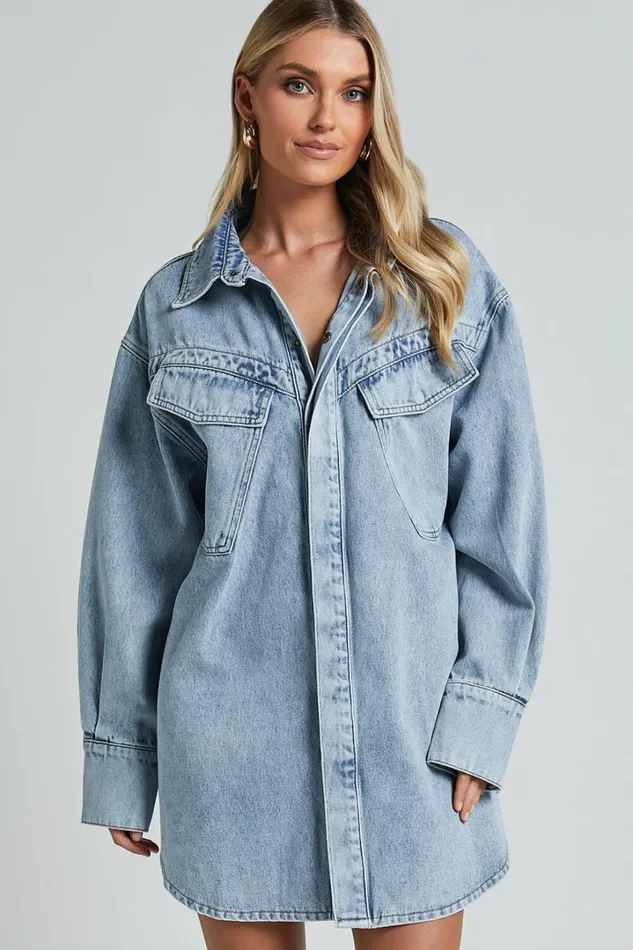 Amalie The Label 8211 Herrera Recycled Cotton Denim Dress In Mid Blue Wash Women Showpo Conscious