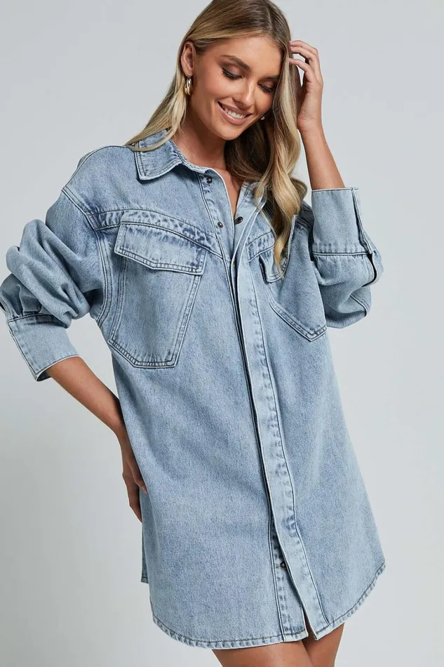 Amalie The Label 8211 Herrera Recycled Cotton Denim Dress In Mid Blue Wash Women Showpo Conscious