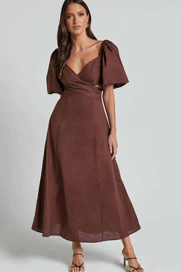Amalie The Label 8211 Janae Linen Blend Puff Sleeve Cut Out Midi Dress In Chocolate Women Showpo Curve Clothes
