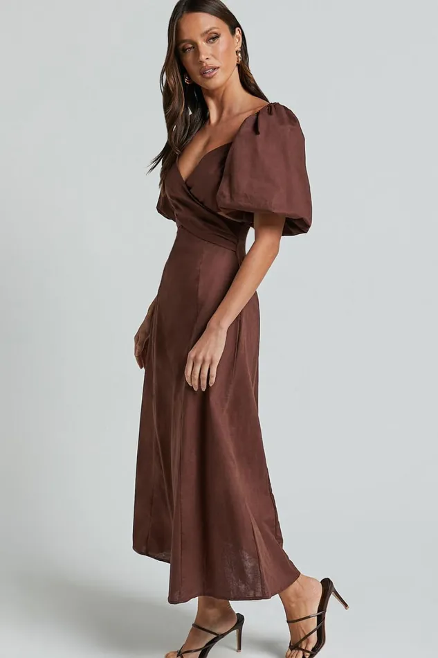 Amalie The Label 8211 Janae Linen Blend Puff Sleeve Cut Out Midi Dress In Chocolate Women Showpo Curve Clothes