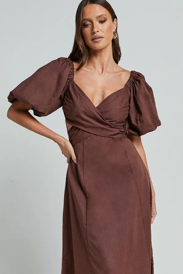 Amalie The Label 8211 Janae Linen Blend Puff Sleeve Cut Out Midi Dress In Chocolate Women Showpo Curve Clothes