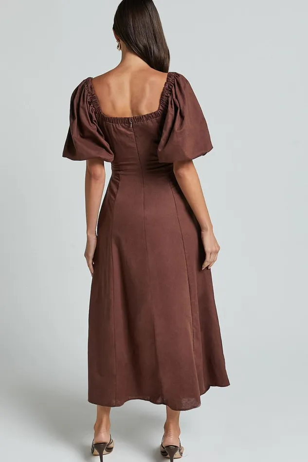 Amalie The Label 8211 Janae Linen Blend Puff Sleeve Cut Out Midi Dress In Chocolate Women Showpo Curve Clothes