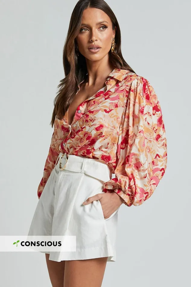 Amalie The Label 8211 Kimmella Linen Blend Puff Sleeve Shirt In Sienna Print Women Showpo Tops Amalie The Label 8211 Kimmella Linen Blend Puff Sleeve Shirt In Sienna Print Women Showpo Tops