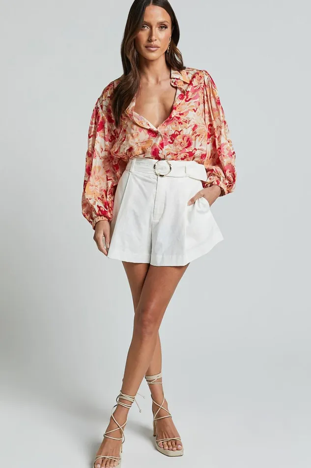 Amalie The Label 8211 Kimmella Linen Blend Puff Sleeve Shirt In Sienna Print Women Showpo Tops