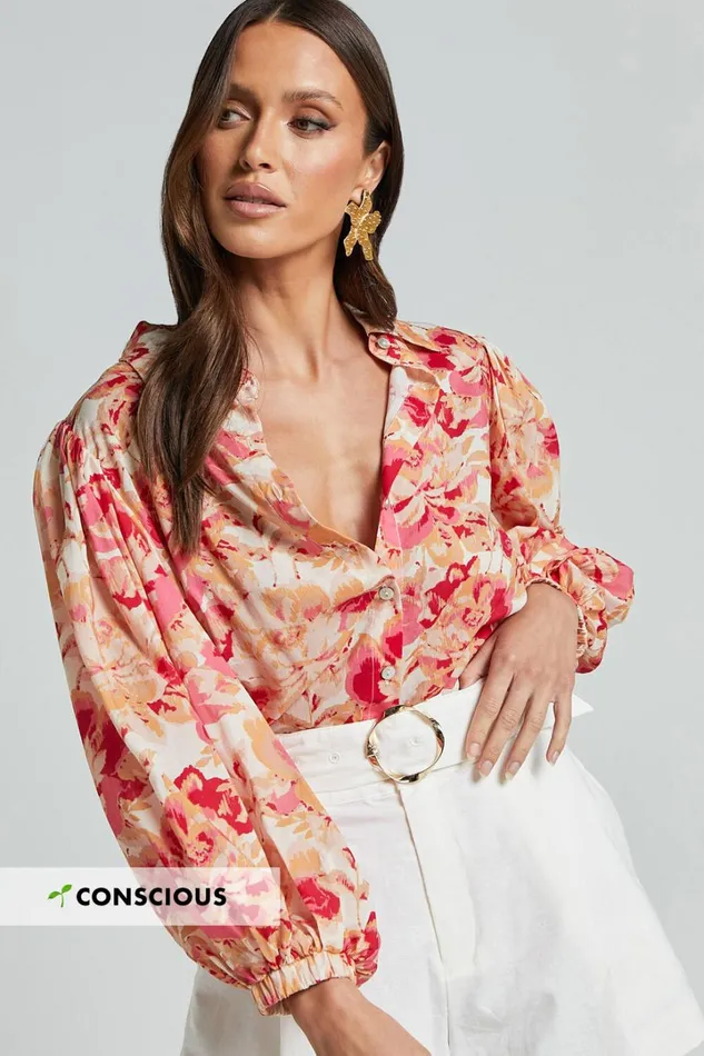 Amalie The Label 8211 Kimmella Linen Blend Puff Sleeve Shirt In Sienna Print Women Showpo Tops