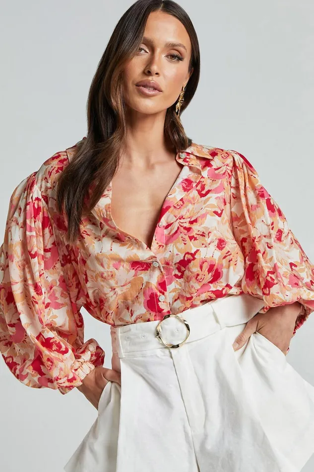 Amalie The Label 8211 Kimmella Linen Blend Puff Sleeve Shirt In Sienna Print Women Showpo Tops