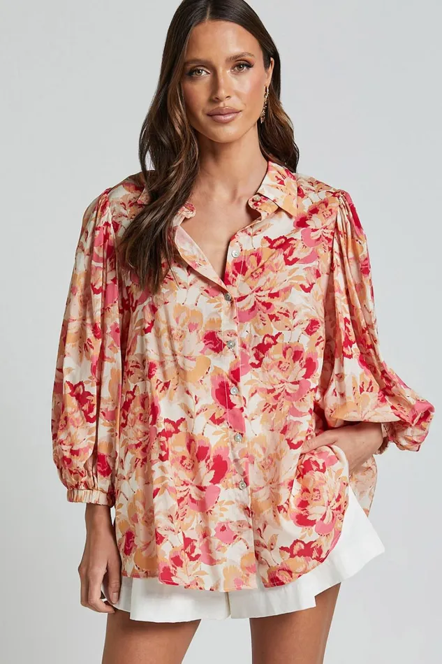 Amalie The Label 8211 Kimmella Linen Blend Puff Sleeve Shirt In Sienna Print Women Showpo Tops