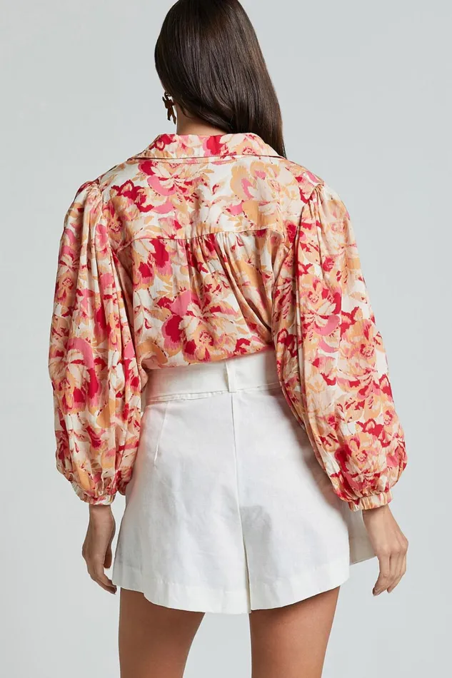 Amalie The Label 8211 Kimmella Linen Blend Puff Sleeve Shirt In Sienna Print Women Showpo Tops