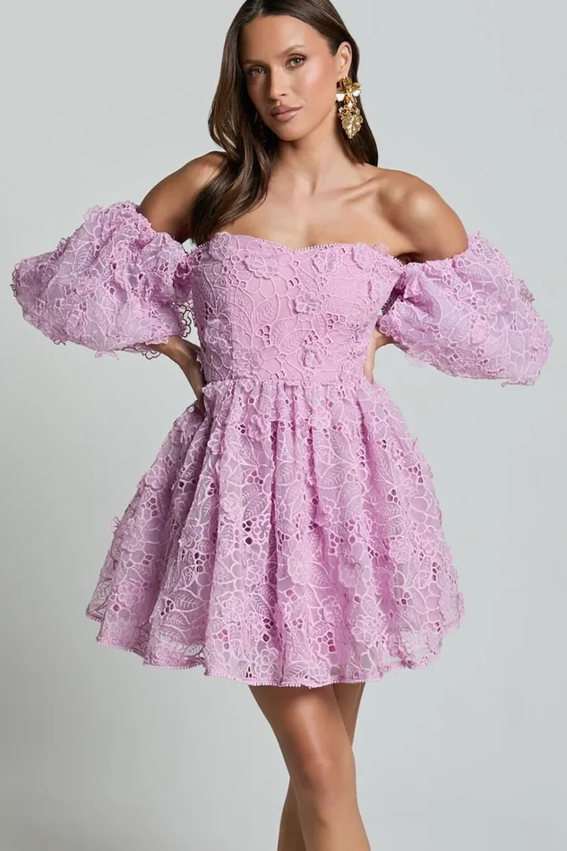 Amalie The Label 8211 Lorena Sweetheart Off Shoulder Puff Sleeve Mini Dress In Purple Women Showpo Dresses