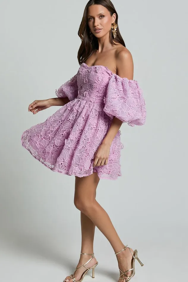Amalie The Label 8211 Lorena Sweetheart Off Shoulder Puff Sleeve Mini Dress In Purple Women Showpo Dresses