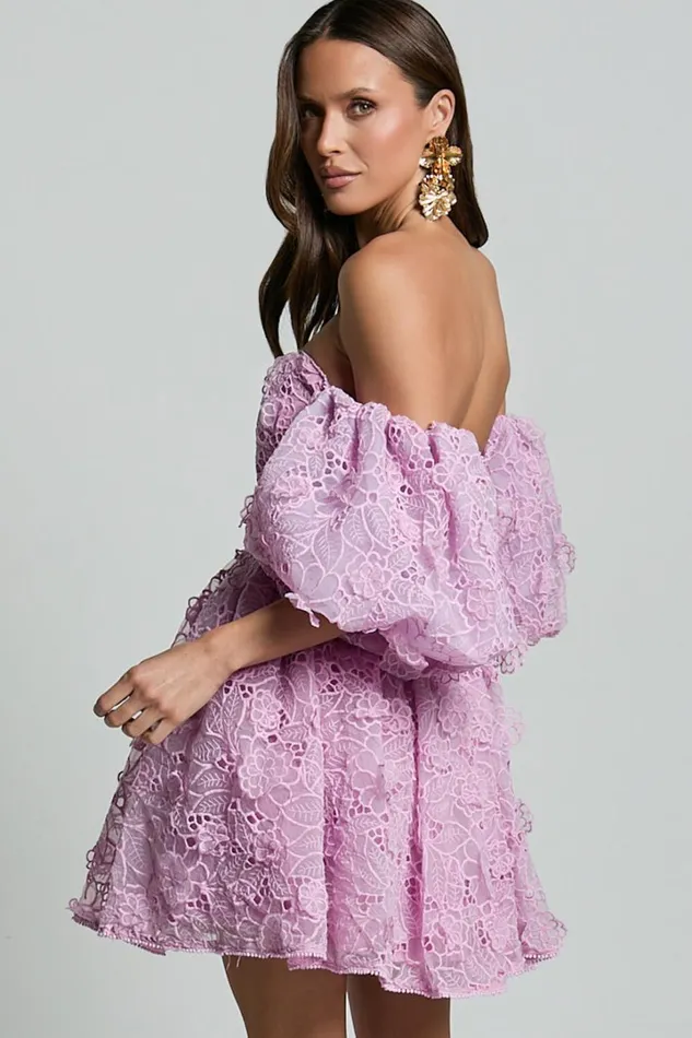 Amalie The Label 8211 Lorena Sweetheart Off Shoulder Puff Sleeve Mini Dress In Purple Women Showpo Dresses