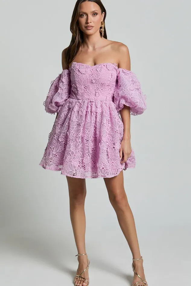 Amalie The Label 8211 Lorena Sweetheart Off Shoulder Puff Sleeve Mini Dress In Purple Women Showpo Dresses