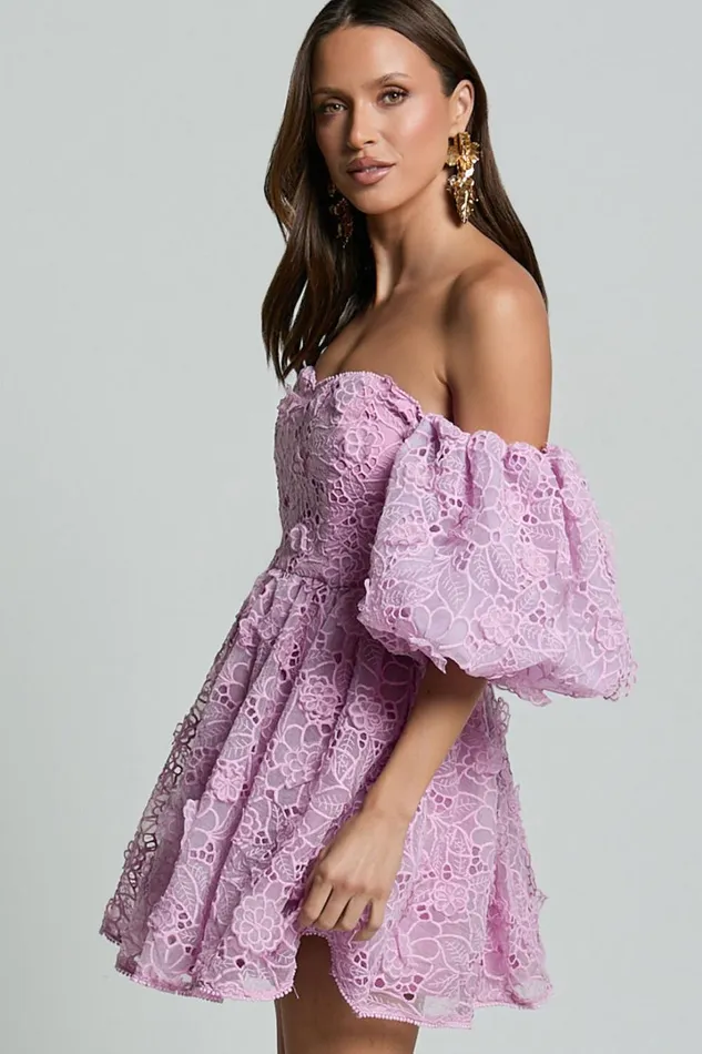 Amalie The Label 8211 Lorena Sweetheart Off Shoulder Puff Sleeve Mini Dress In Purple Women Showpo Dresses