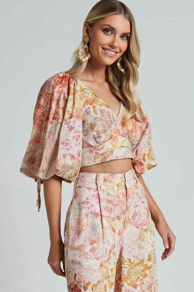 Amalie The Label 8211 Nazila Linen Blend Balloon Sleeve Crop Top In Morocco Print Women Showpo Conscious