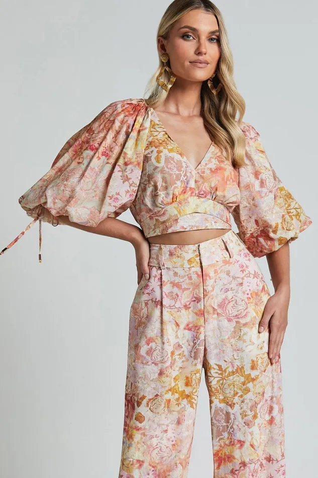 Amalie The Label 8211 Nazila Linen Blend Balloon Sleeve Crop Top In Morocco Print Women Showpo Conscious