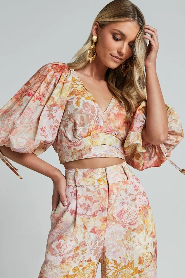 Amalie The Label 8211 Nazila Linen Blend Balloon Sleeve Crop Top In Morocco Print Women Showpo Conscious