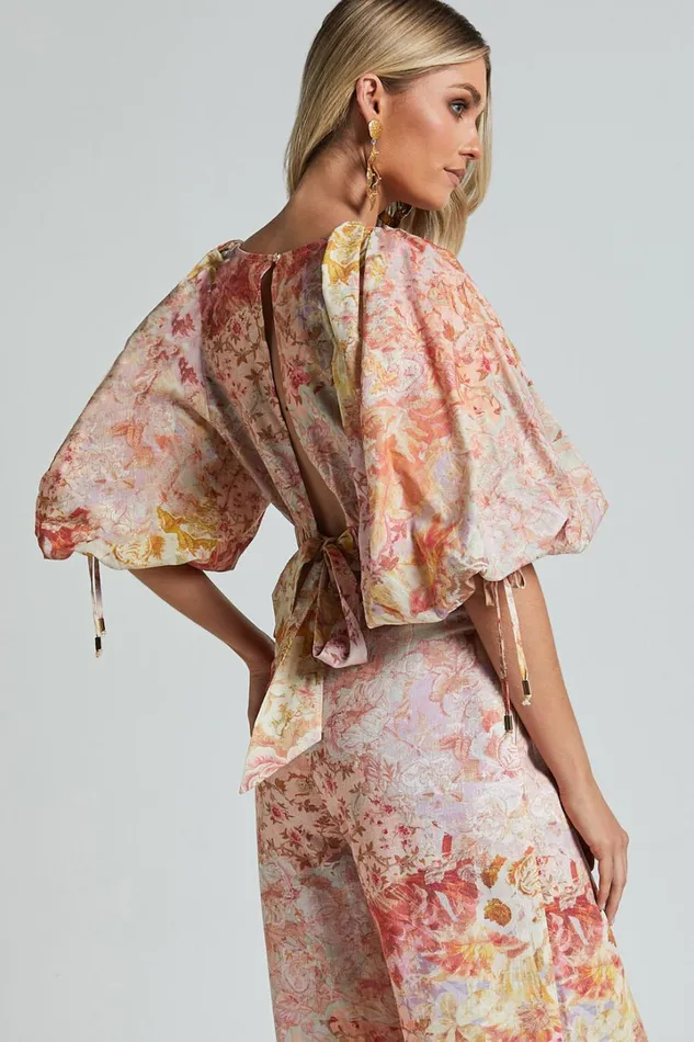 Amalie The Label 8211 Nazila Linen Blend Balloon Sleeve Crop Top In Morocco Print Women Showpo Conscious