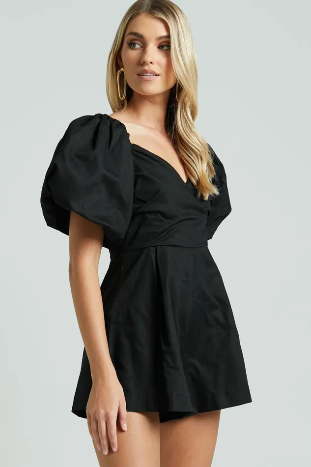 Amalie The Label 8211 Palais Linen Blend Off Shoulder Puff Sleeve Sweetheart Neck Playsuit In Black Women Showpo Rompers
