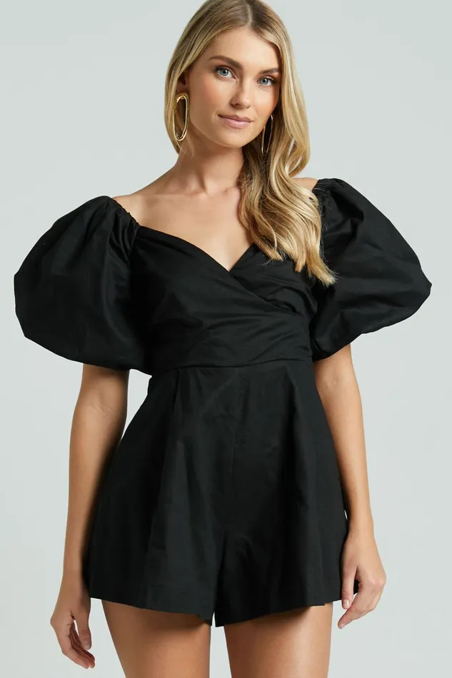 Amalie The Label 8211 Palais Linen Blend Off Shoulder Puff Sleeve Sweetheart Neck Playsuit In Black Women Showpo Rompers